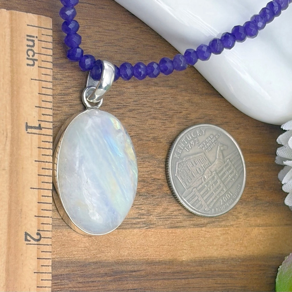 Rainbow Moonstone Pendant Necklace Solid Sterling Silver 925 Boho Southwest - Picture 8 of 10
